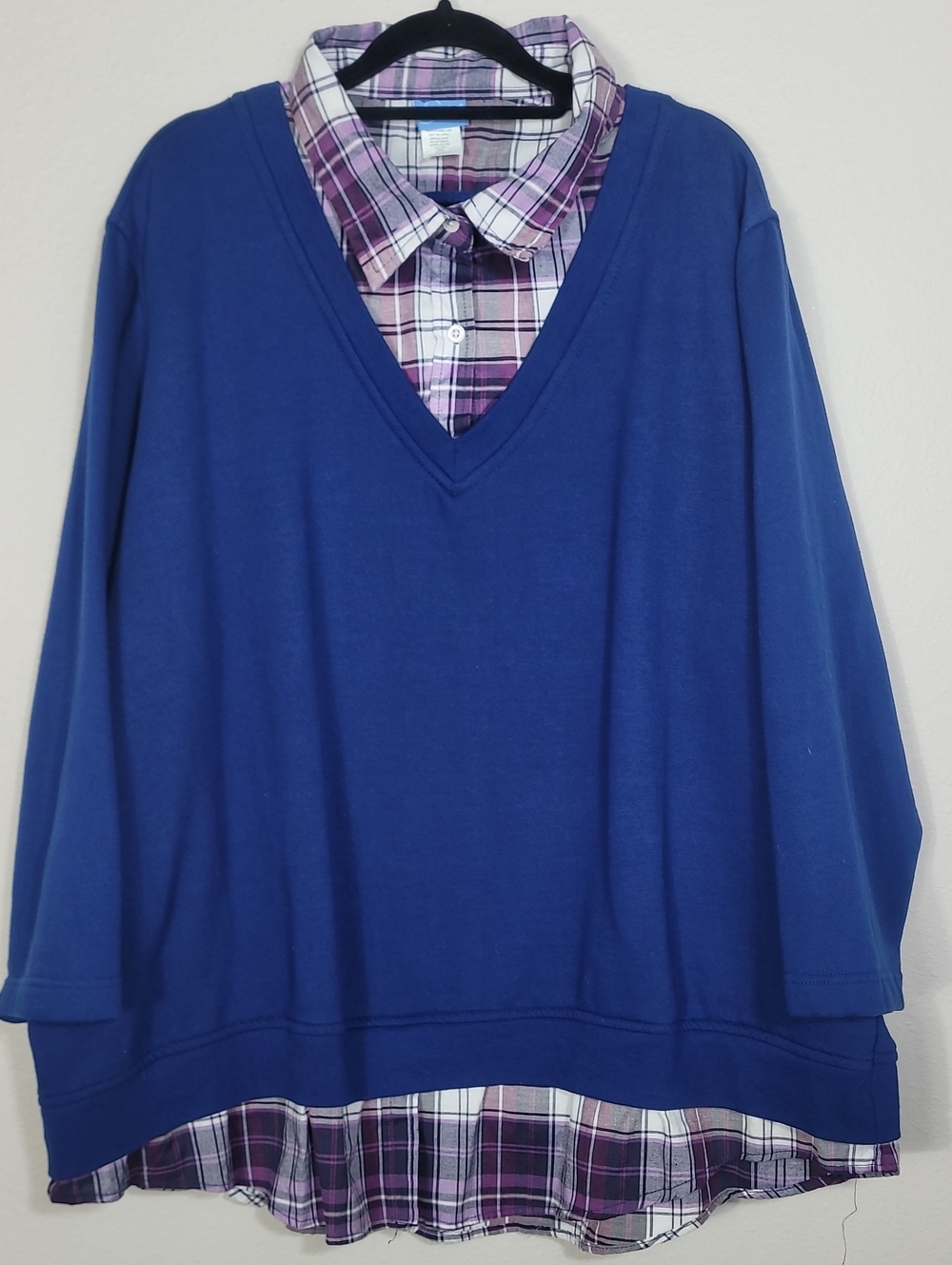 Vintage Comfort Corner Layered Look Sweater Size 4X Blue Purple Plaid Preppy